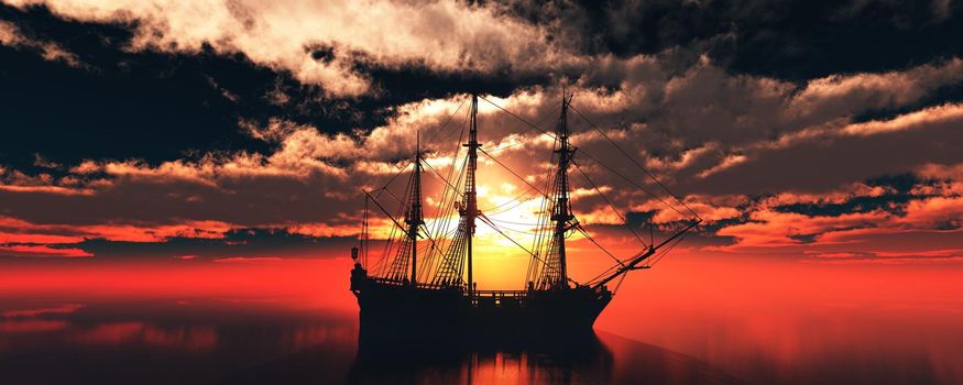 old ship sunset at sea 3d rendering illustration