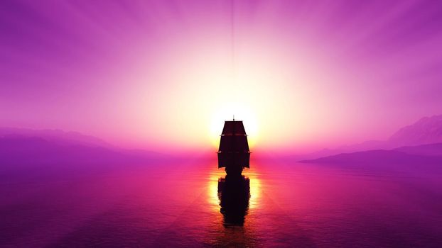 old ship at sea sunset, 3d render illustration