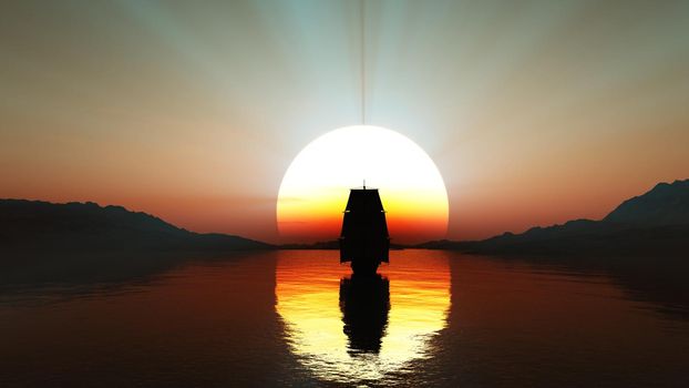 old ship at sea sunset, 3d render illustration