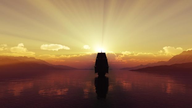 old ship at sea sunset, 3d render illustration