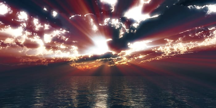 sunset sea sun ray clouds, 3d rendering illustration