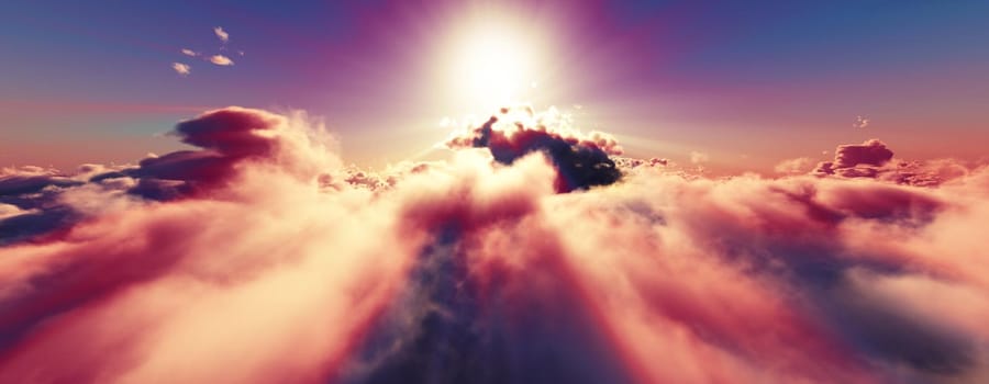 above clouds fly sunset sun ray illustration, 3d render