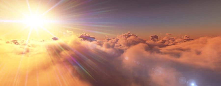 above clouds fly sunset sun ray illustration, 3d render