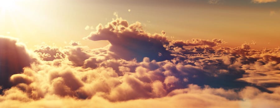 above clouds fly sunset sun ray illustration, 3d render