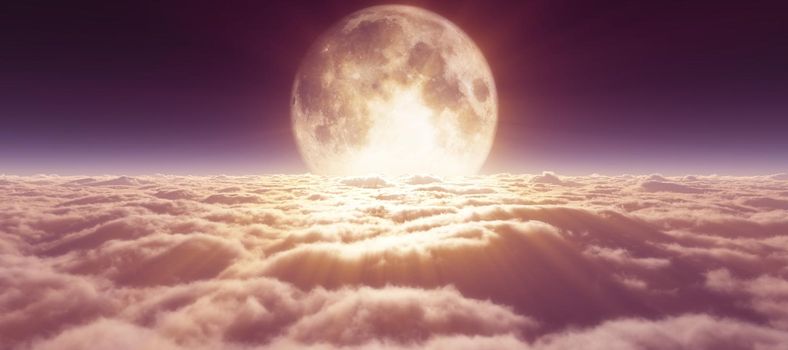 above clouds full moon illustration, 3d rendering