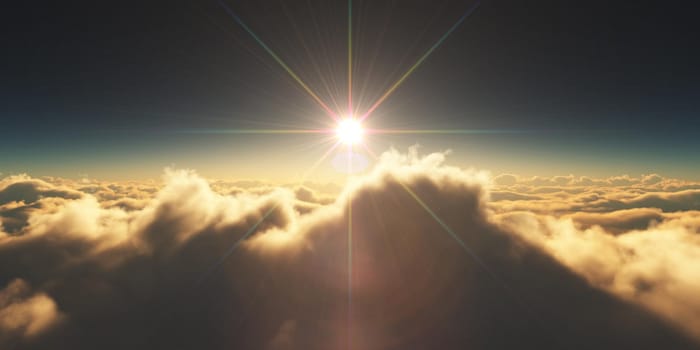 above clouds sunrise sun ray illustration, 3d rendering