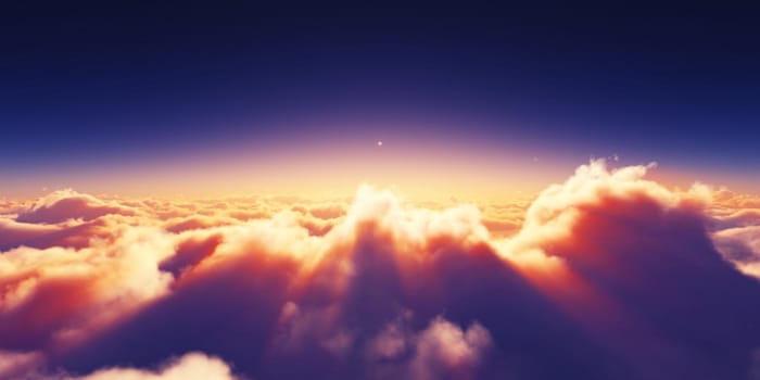 above clouds sunrise sun ray illustration, 3d rendering