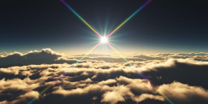 above clouds sunrise sun ray illustration, 3d rendering