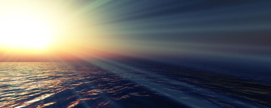 sunset sea sun ray clear sky, 3d rendering illustration