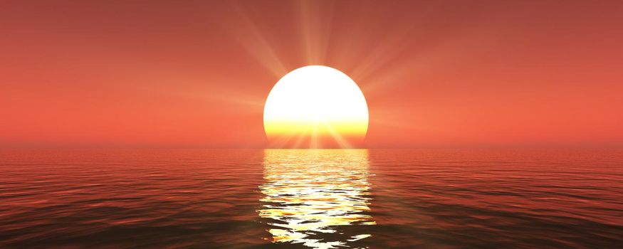 sunset sea sun ray clear sky, 3d rendering illustration