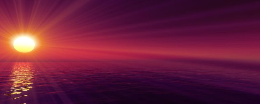 sunset sea sun ray clear sky, 3d rendering illustration