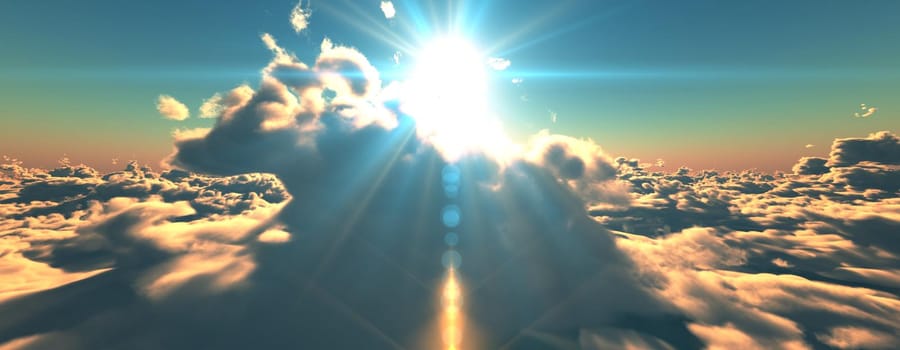 above clouds fly sunset sun ray illustration, 3d render