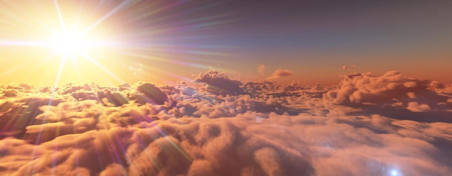 above clouds fly sunset sun ray illustration, 3d render