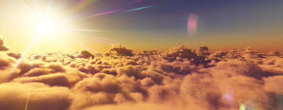 above clouds fly sunset sun ray illustration, 3d render