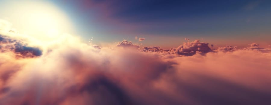 above clouds fly sunset sun ray illustration, 3d render