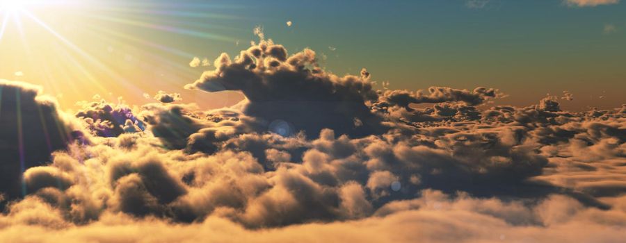 above clouds fly sunset sun ray illustration, 3d render