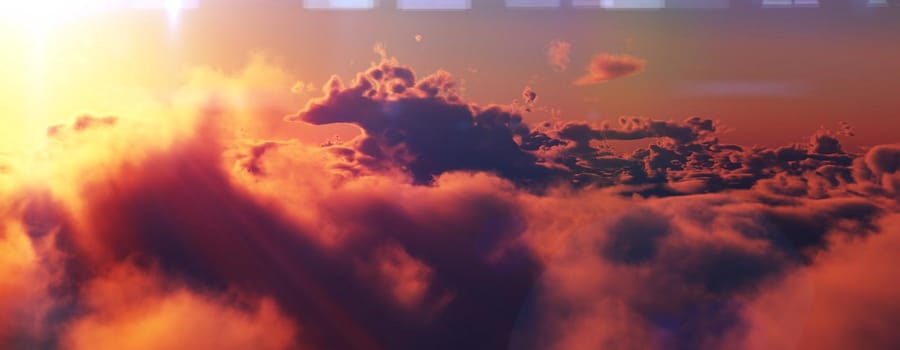 above clouds fly sunset sun ray illustration, 3d render