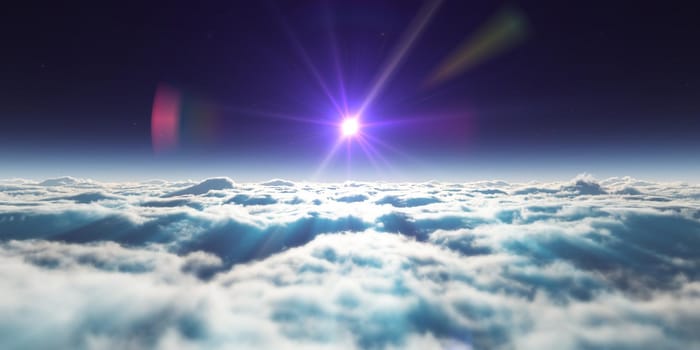 dream fly above clouds ray light, 3d rendering illustration