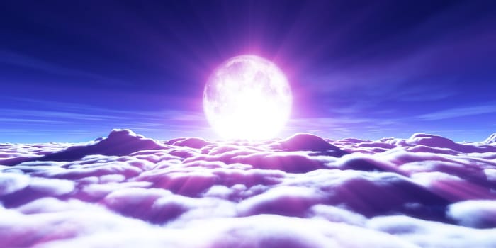 above clouds full moon illustration, 3d rendering