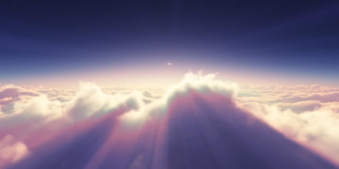 above clouds sunrise sun ray illustration, 3d rendering