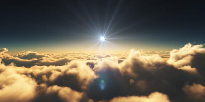 above clouds sunrise sun ray illustration, 3d rendering