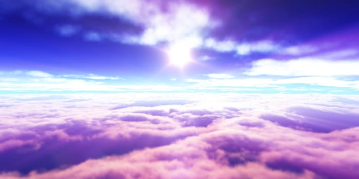 above clouds fly sunset sun ray illustration, 3d render