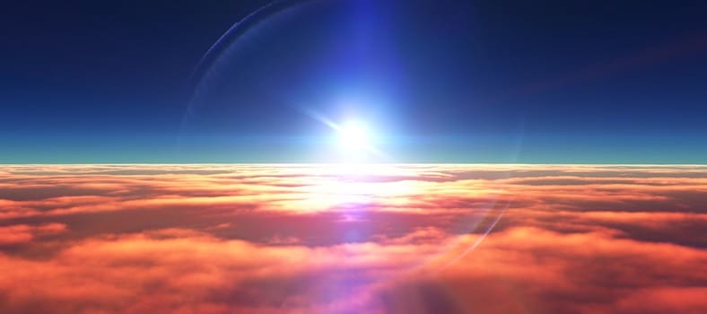 above clouds fly sunset sun ray illustration, 3d render