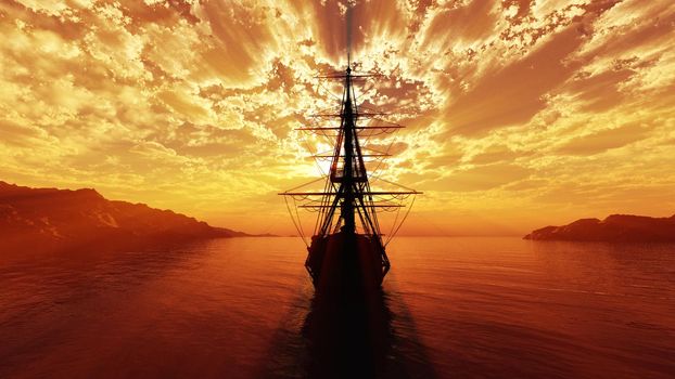 old ship sunset at sea illustration 3d rendering