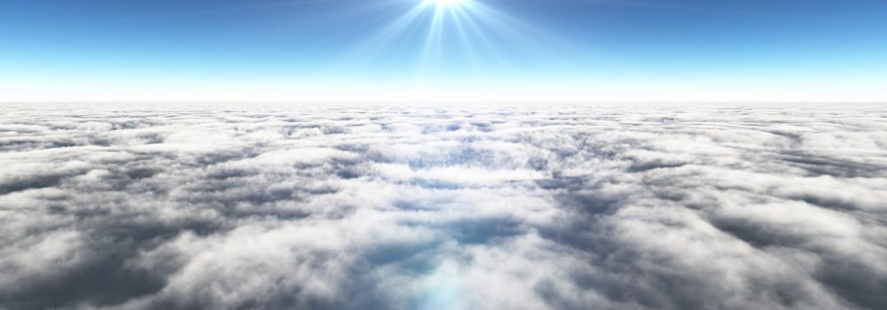 Above clouds sun ray, 3d rendering illustration