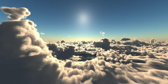 fly above clouds sunset landscape, 3d render illustration