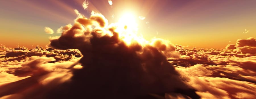 above clouds fly sunset sun ray illustration, 3d render