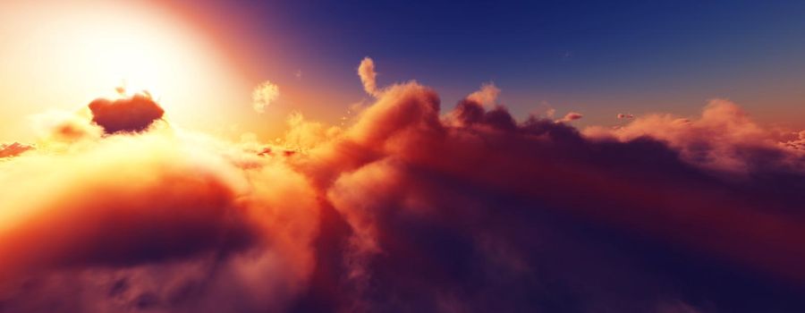 above clouds fly sunset sun ray illustration, 3d render