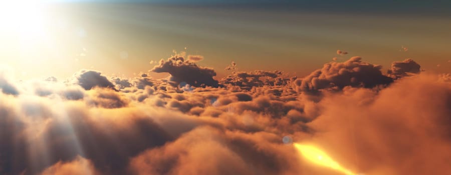 above clouds fly sunset sun ray illustration, 3d render