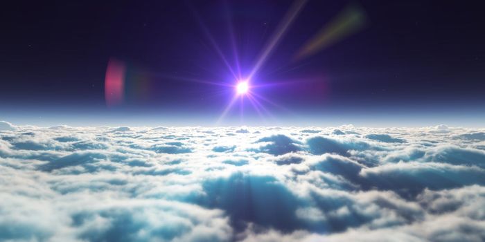 dream fly above clouds ray light, 3d rendering illustration