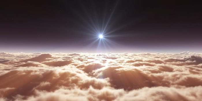 dream fly above clouds ray light, 3d rendering illustration