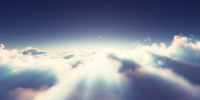 above clouds sunrise sun ray illustration, 3d rendering