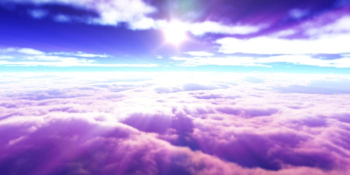 above clouds fly sunset sun ray illustration, 3d render