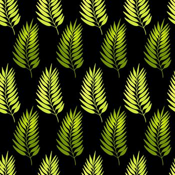 Floral seamless pattern with colorful exotic leaves on black background. Tropic green branches. Fashion vector stock illustration for wallpaper, posters, card, fabric, textile.
