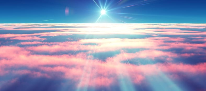 above clouds fly sunset sun ray illustration, 3d render