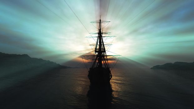 old ship sunset at sea illustration 3d rendering