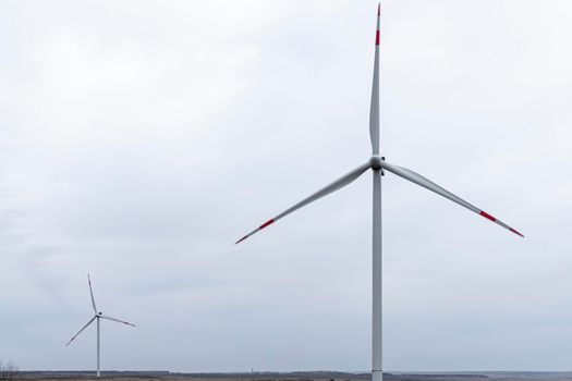 wind turbines in a field against the sky. High quality photo