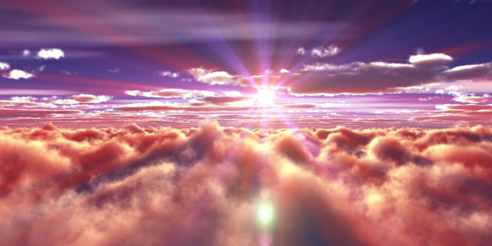 above clouds fly sunset sun ray illustration, 3d render