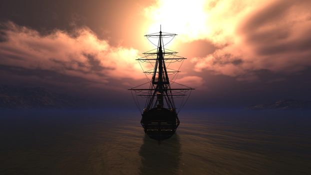 old ship sunset at sea illustration 3d rendering