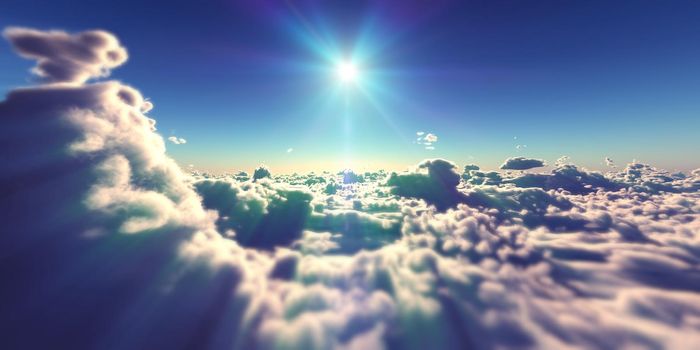 fly above clouds sunset landscape, 3d render illustration