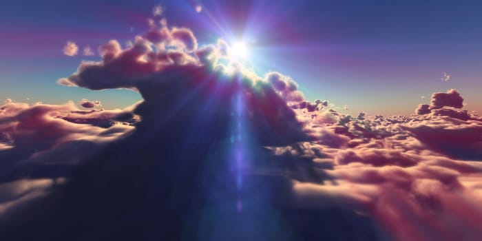 fly above clouds sunset landscape, 3d render illustration