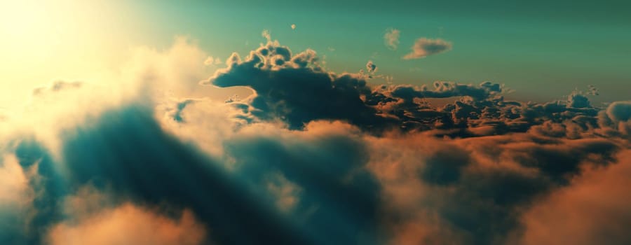 above clouds fly sunset sun ray illustration, 3d render