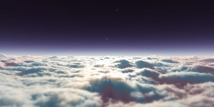 dream fly above clouds ray light, 3d rendering illustration