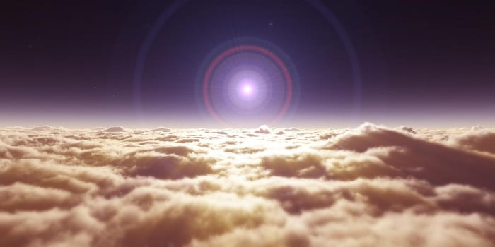 dream fly above clouds ray light, 3d rendering illustration