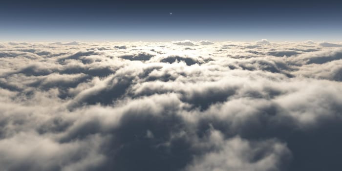 dream fly above clouds ray light, 3d rendering illustration