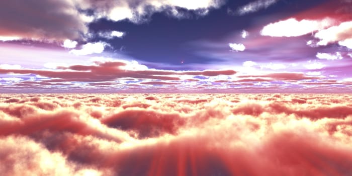 above clouds fly sunset sun ray illustration, 3d render